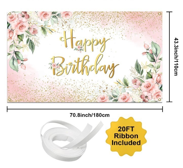 Rose Gold Birthday Backdrop for Women Pink Floral Golden Flash Happy Birthday Pa