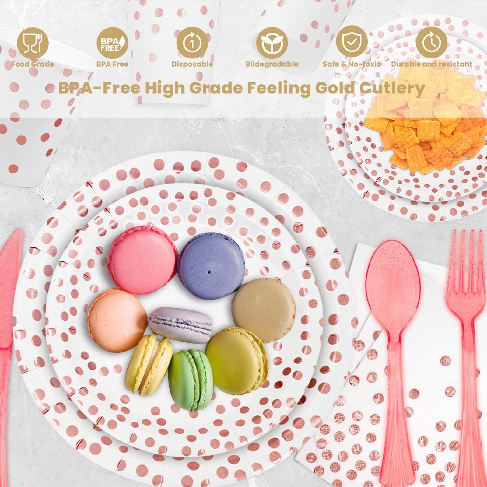 AIRE 350PCS White and Rose Gold Paper Plates Party Supplies for 50 Guests Par…
