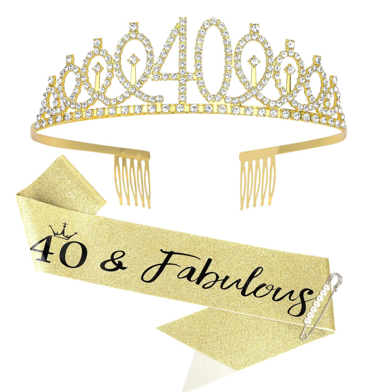 40Th Birthday Crown, 40 & Fabulous Sash, Pearl Pin Set, Tiara Decorations