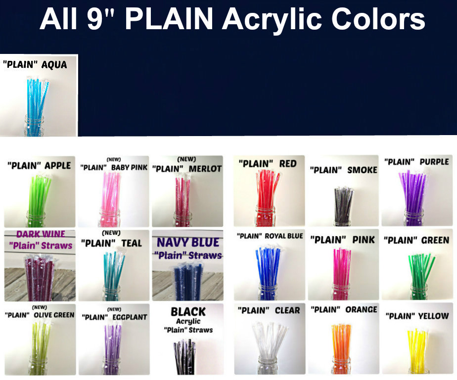 PLAIN ACRYLIC STRAWS, Solid Colors, Individually Wrapped, Reusable
