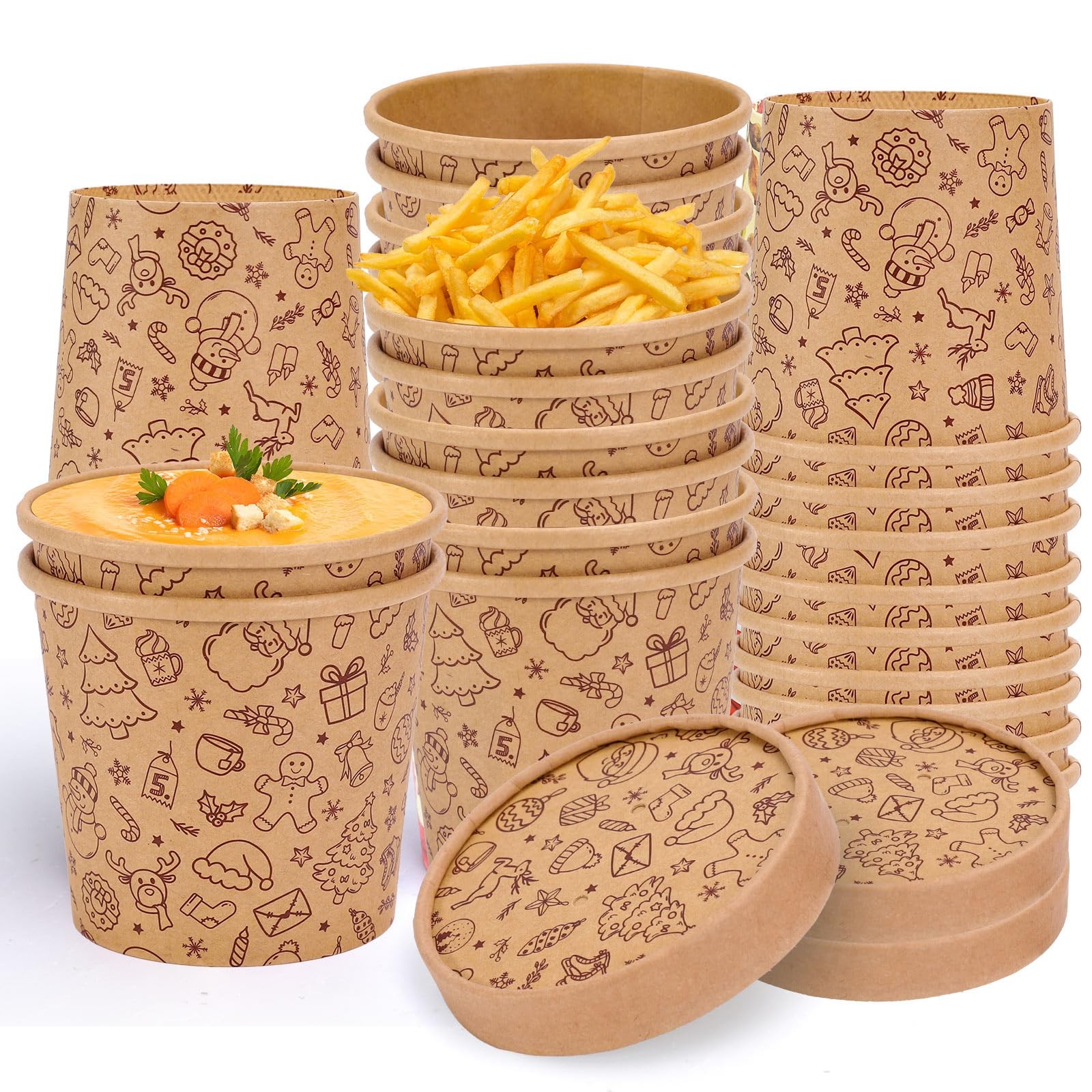 FYSUIMU 50Pcs Christmas Kraft Leftover Containers with Lids 12Oz Xmas Pattern Pa