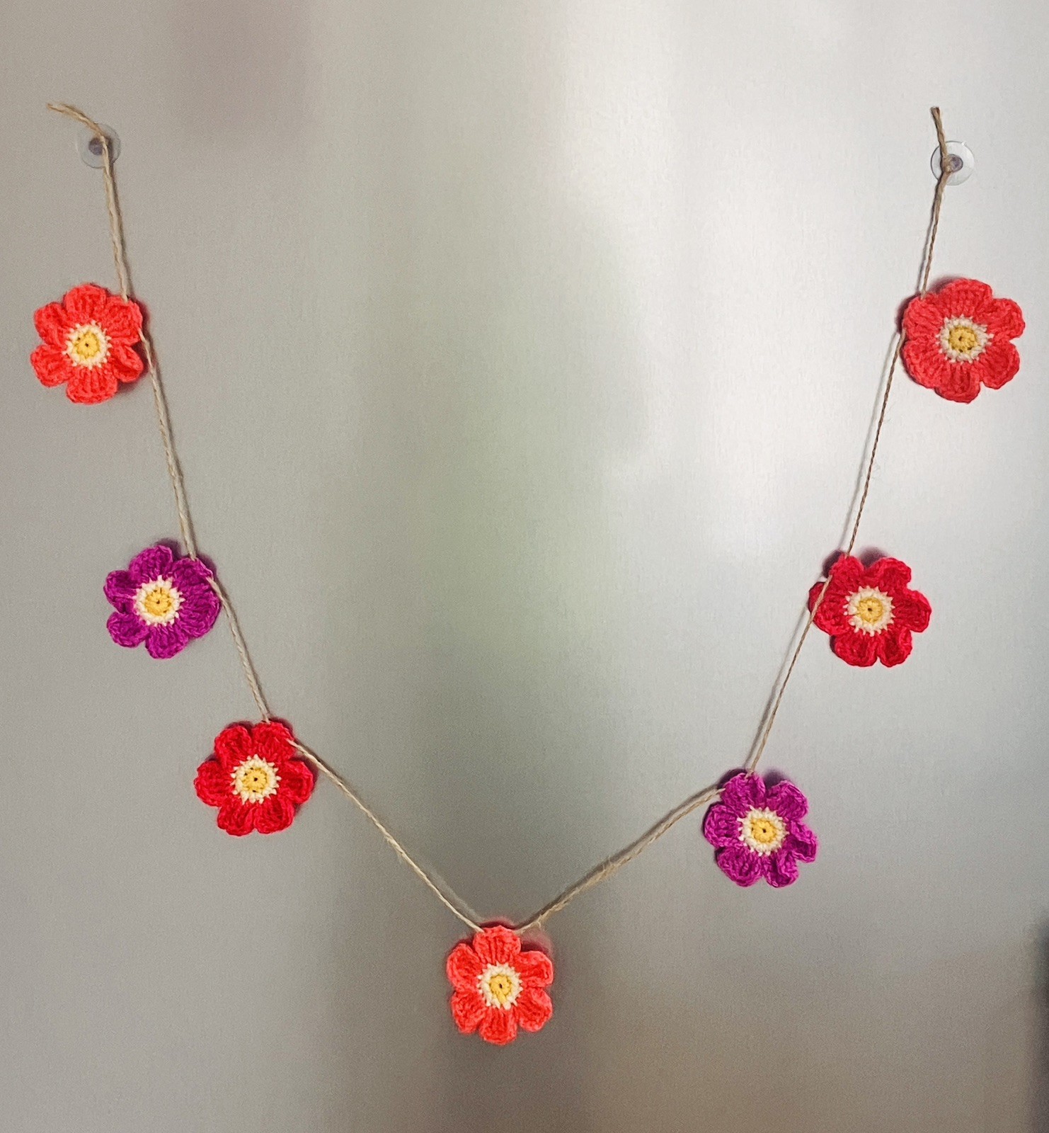 🌸NEW Hand Crochet PRETTY jute 7 Flowers Bunting Window Camper Summer 35” Gift