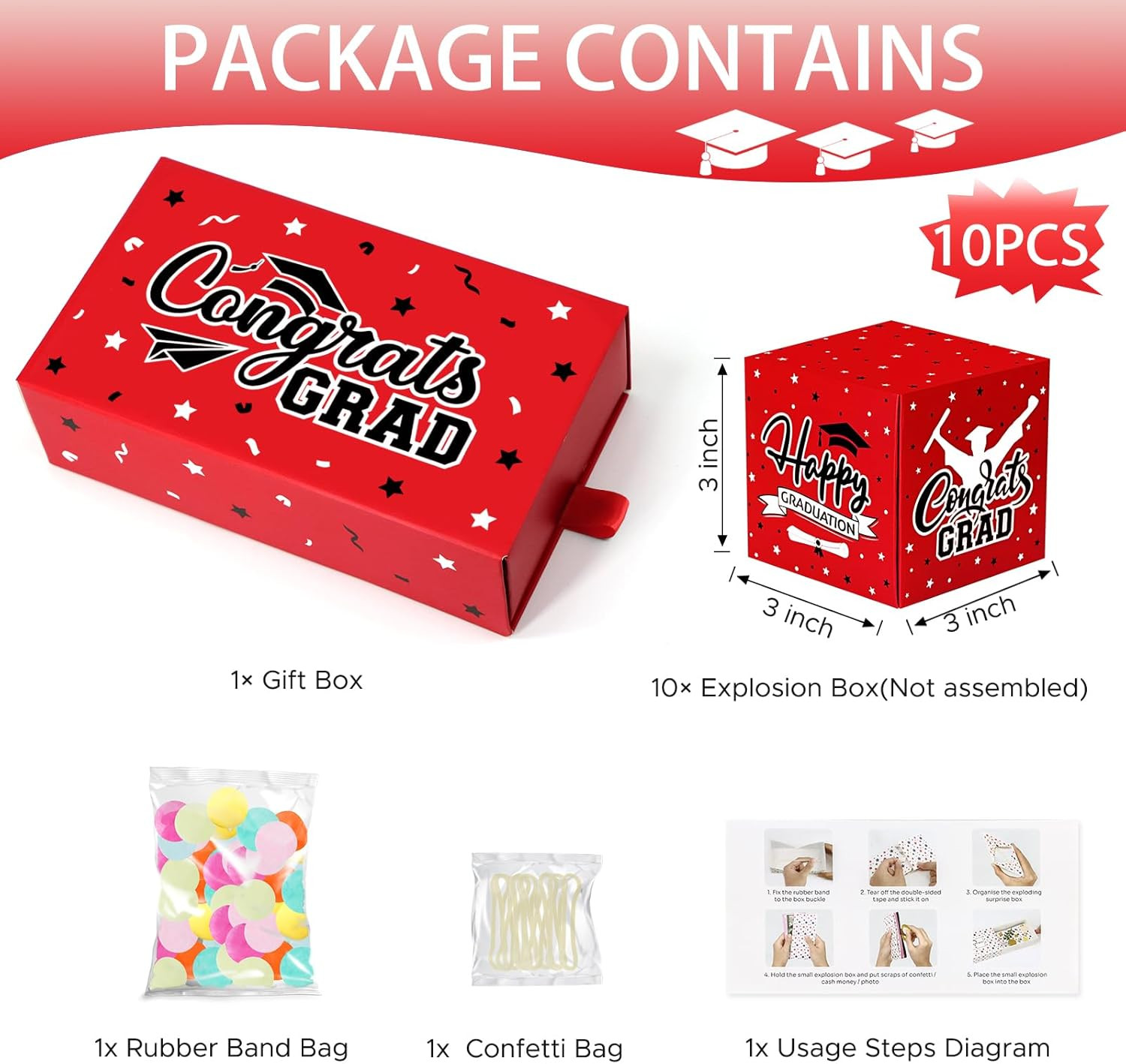 2026 Graduation Money Gift Box with Confetti – 10 Pcs Pop Out Surprise Red