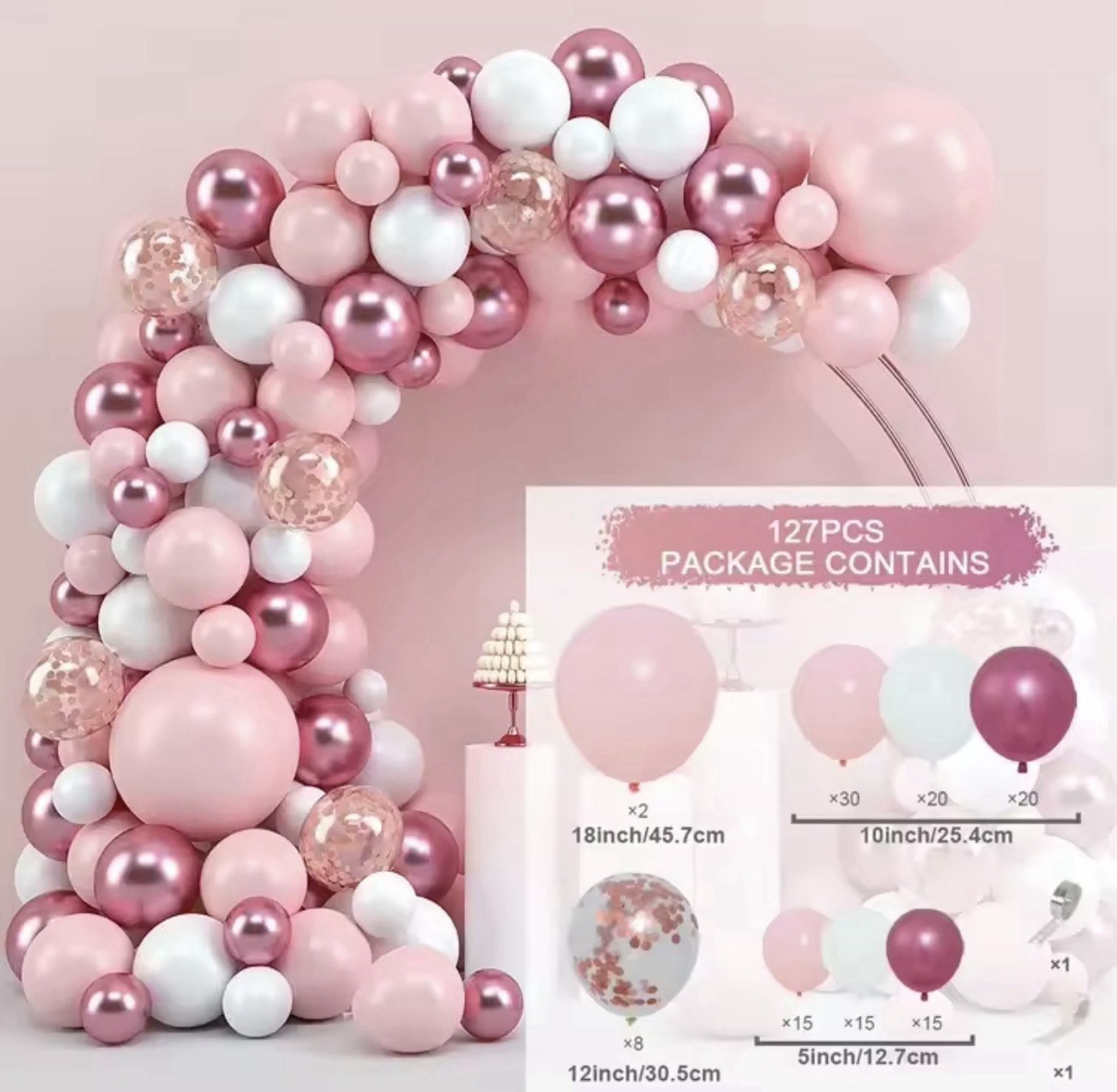 127 pcs Pink White Rose Gold Balloon Arch Kit Party Birthday Decoration