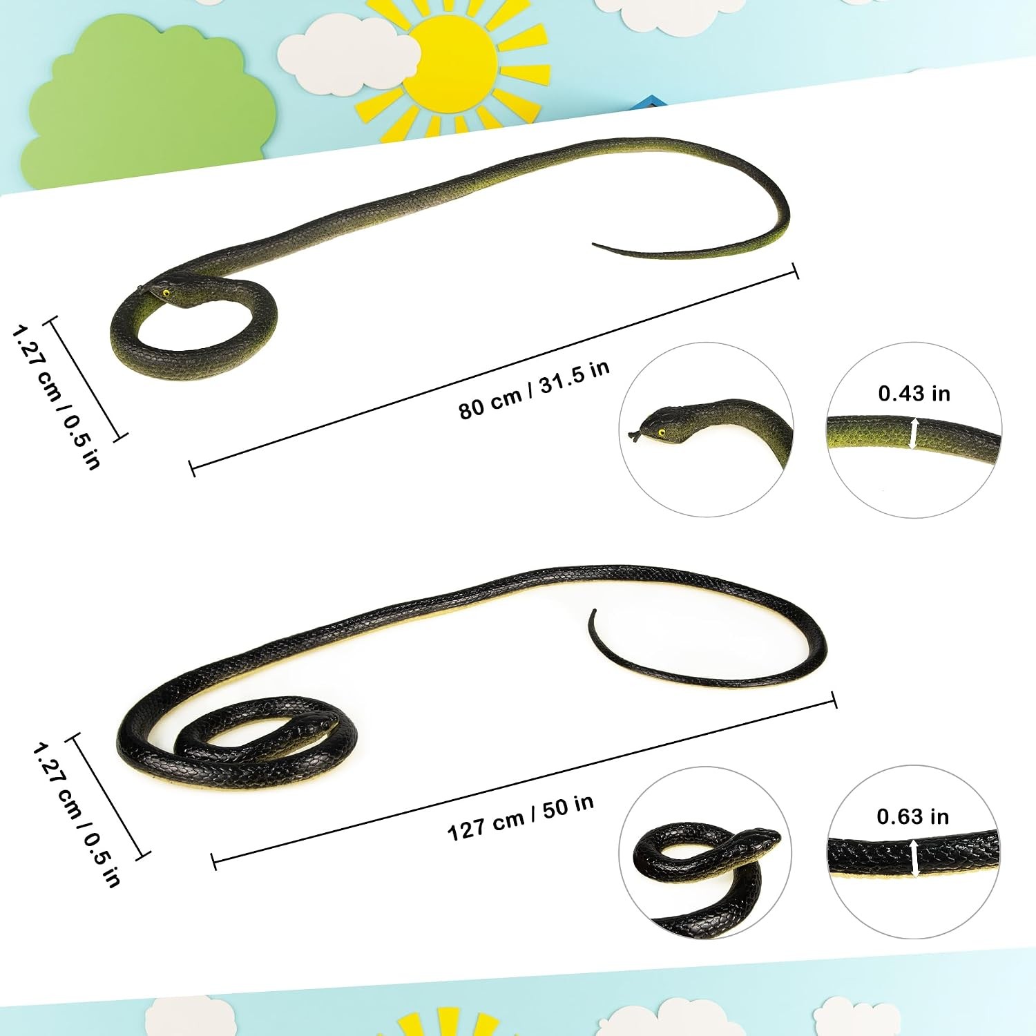 3 PCS 50″ Realistic Rubber Snake Fake Lifelike Toy Prank Joke Prop for Garden