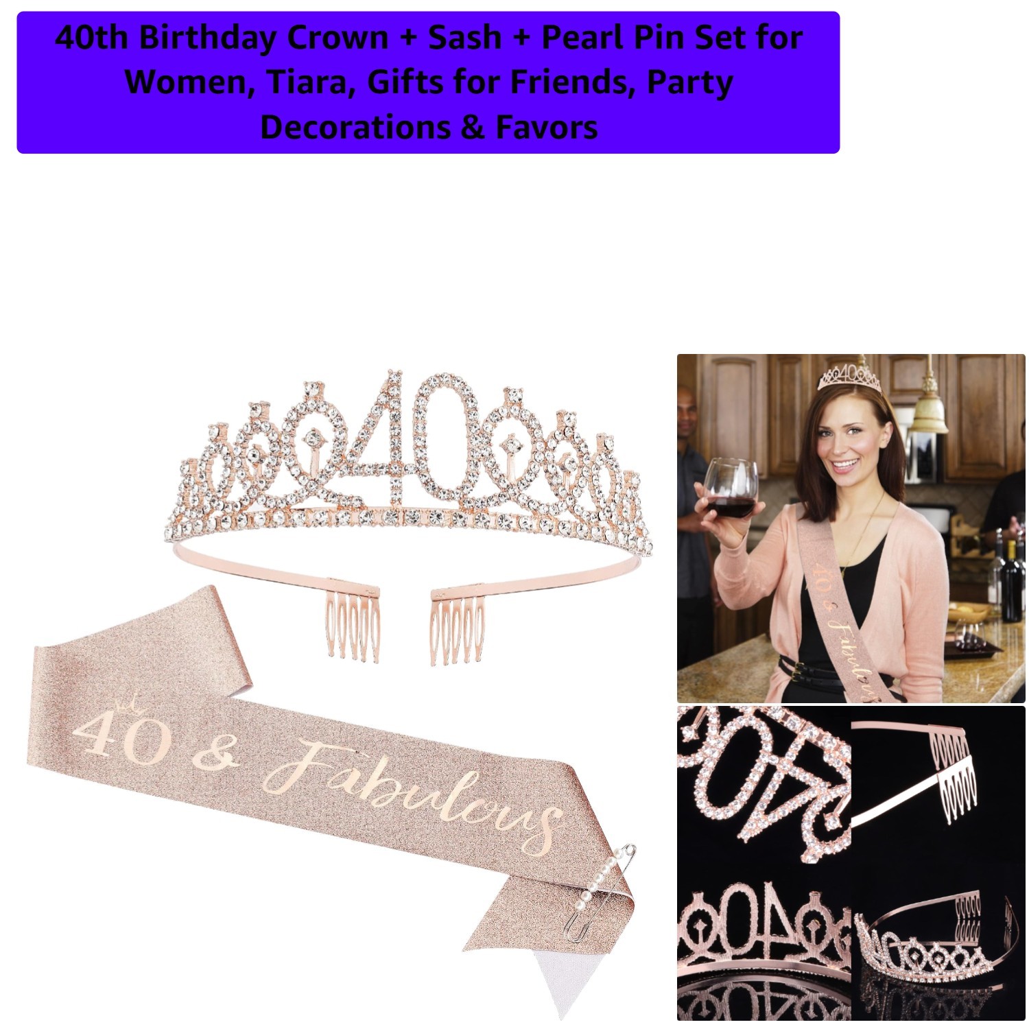 Glamorous 40th Birthday Crown and Sash Set with Rhinestone Tiara & Pearl Pins