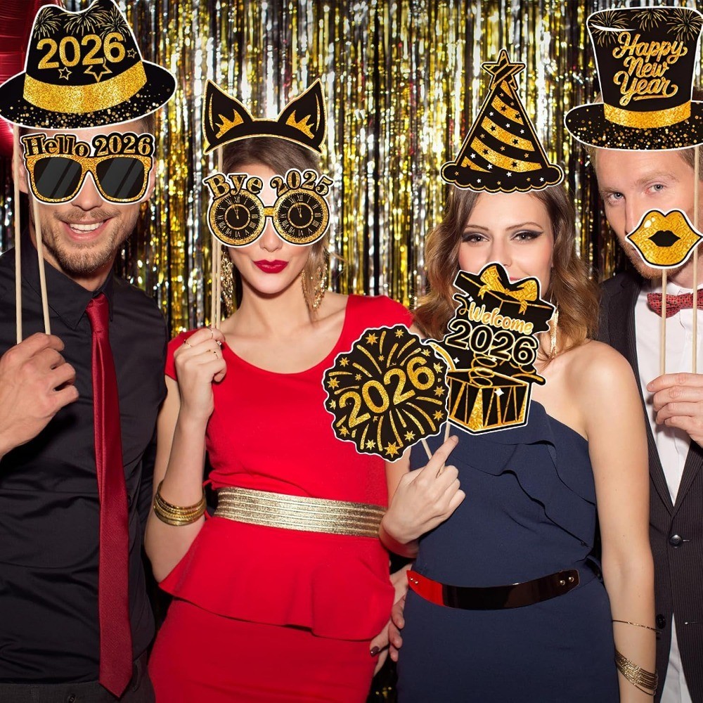 New Years Photo Booth Props 2026, Pack of 30 Black and Gold NYE Photo Props for
