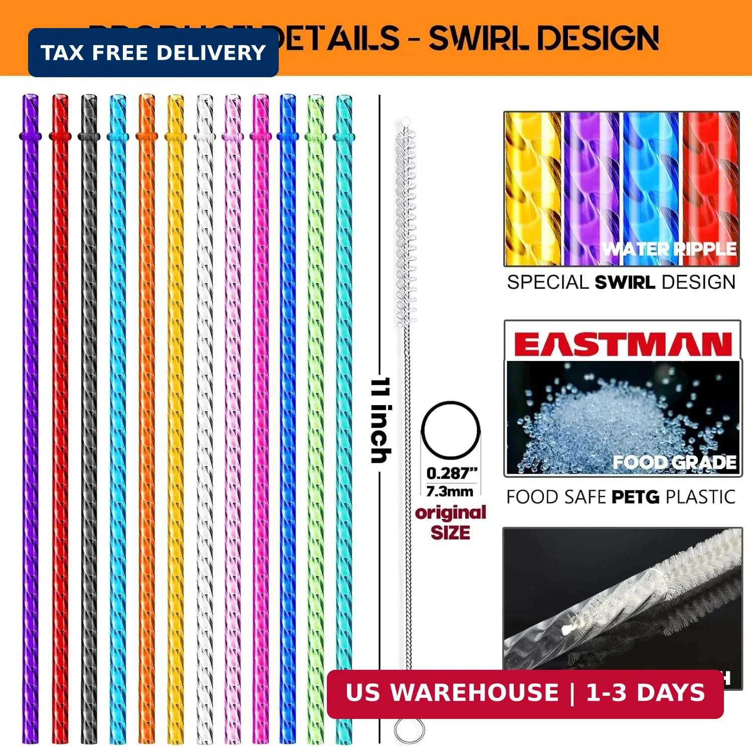 ALINK 12-Pack Reusable Plastic Clear Swirl Straws, 11″ Long Colorful Hard Plasti