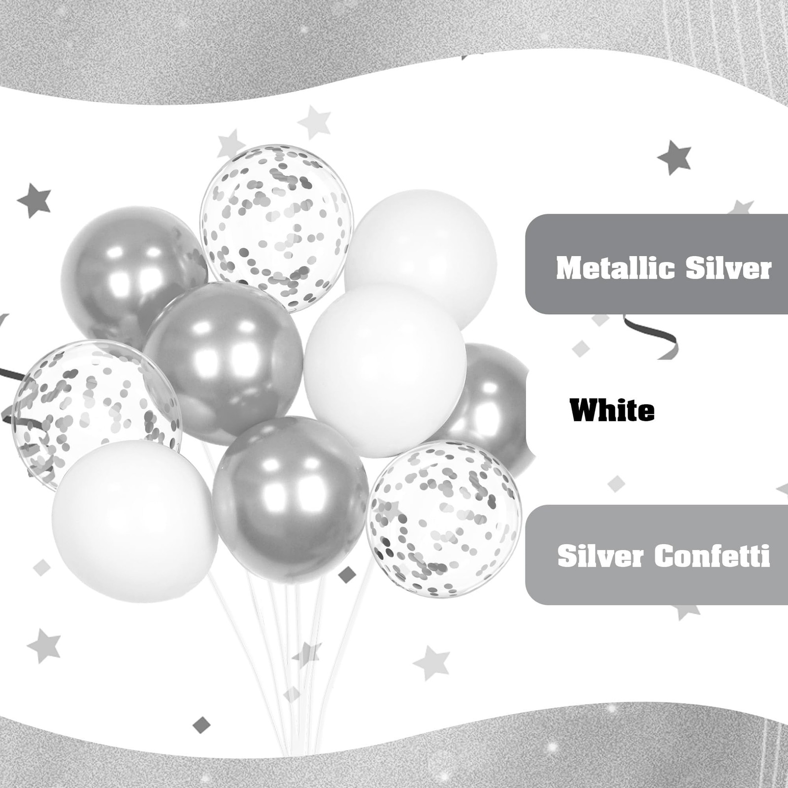 60pcs Silver and White Balloons with Confetti for Birthday and Party Decor