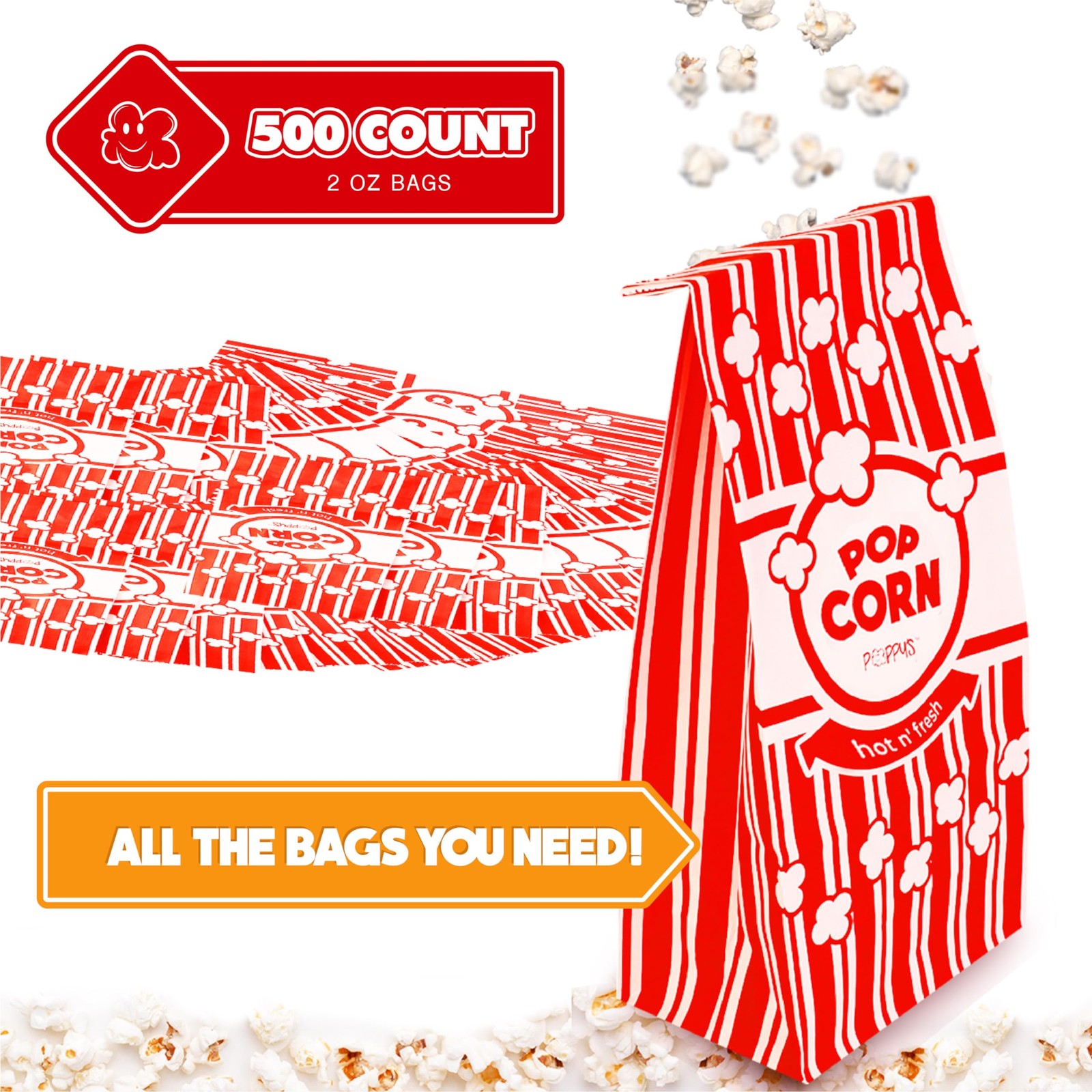 Flat Bottom Paper Popcorn Bags – 500 Pack 2 oz Concession-Grade Bags, Popcorn…