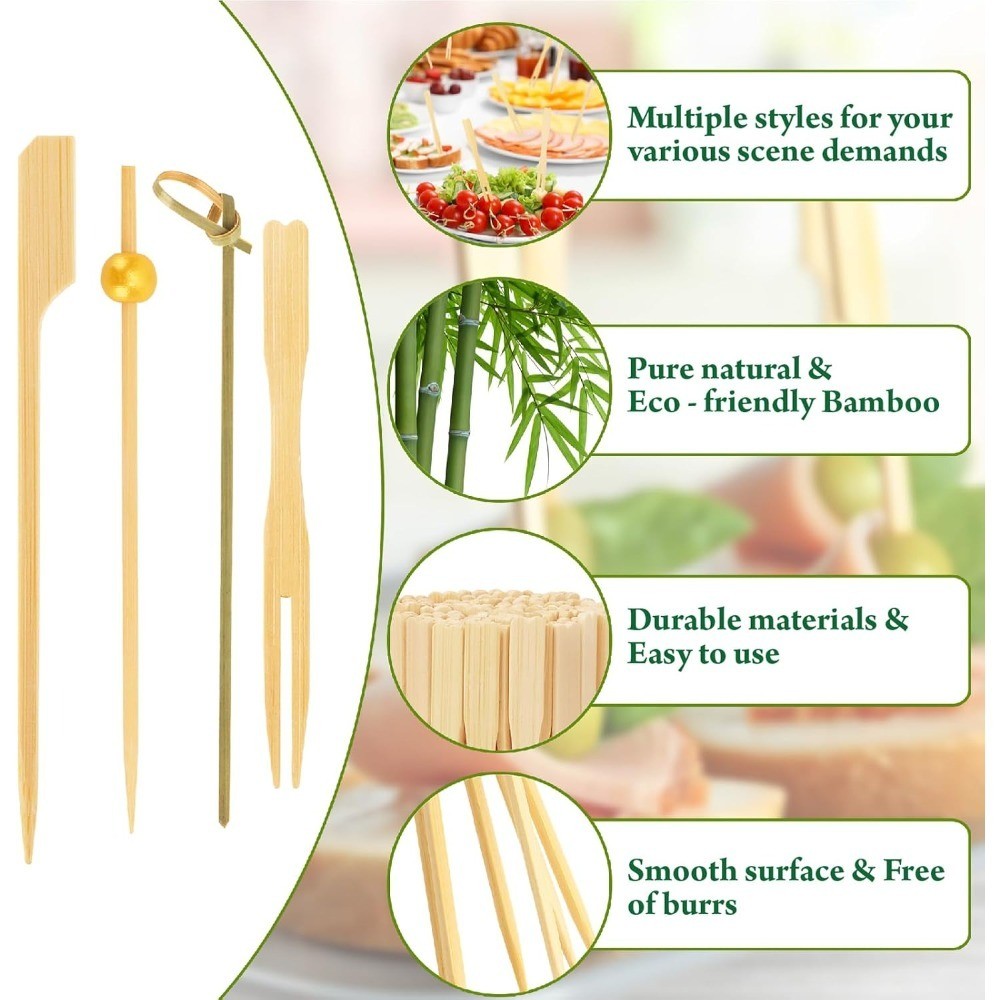 Cocktail Picks Kit 500 PCS 4 Styles Fancy Decorative Wooden Skewers Long Bamboo