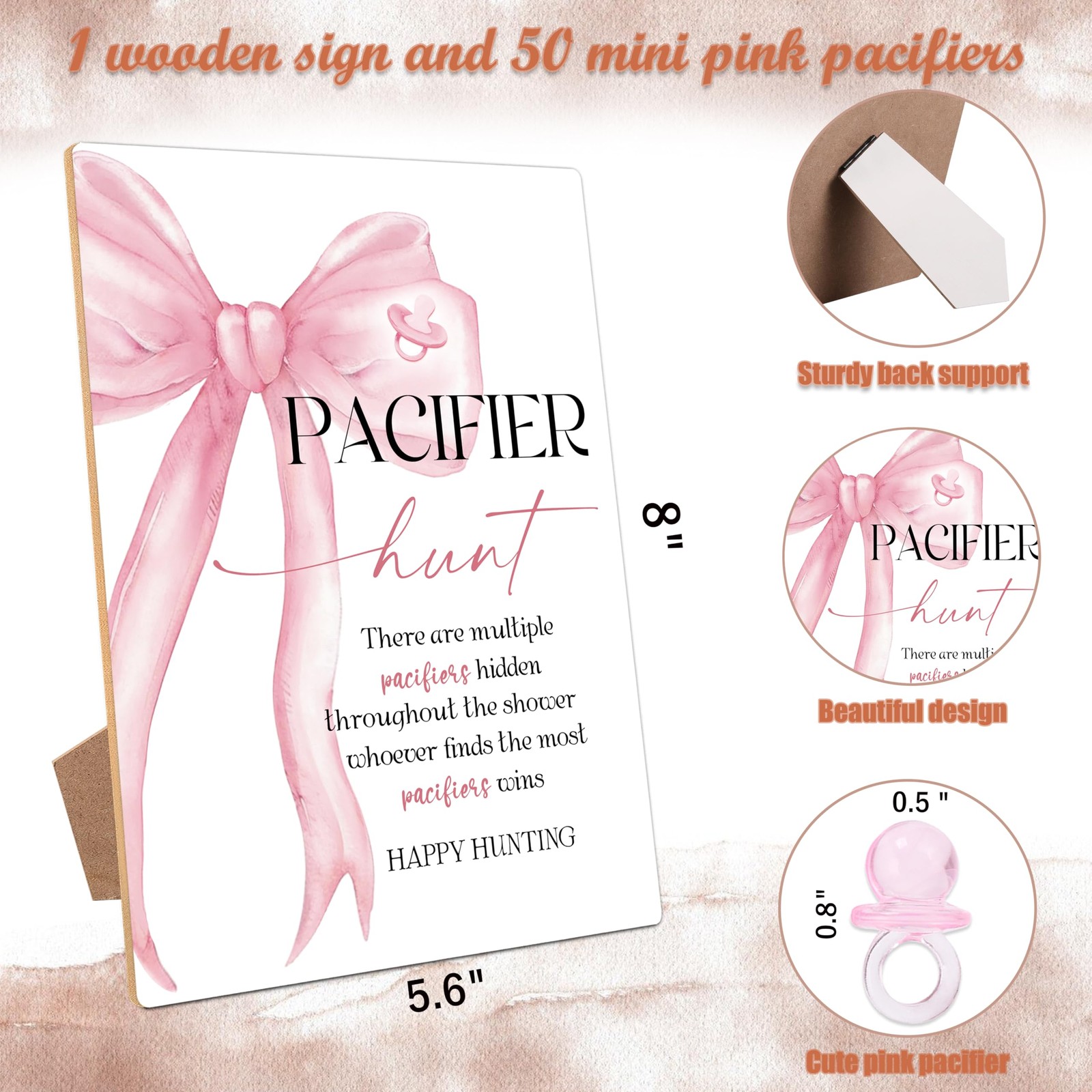 51 Pcs Pacifier Hunt Baby Shower Game, Include 1 Wood Sign and 50 Pacifiers, …