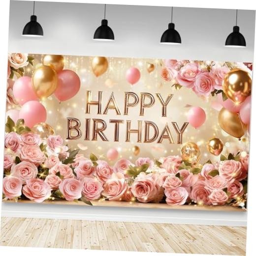 Rose Gold Happy Birthday Backdrop Banner for Women | Pink Floral Happy 6×3.6ft