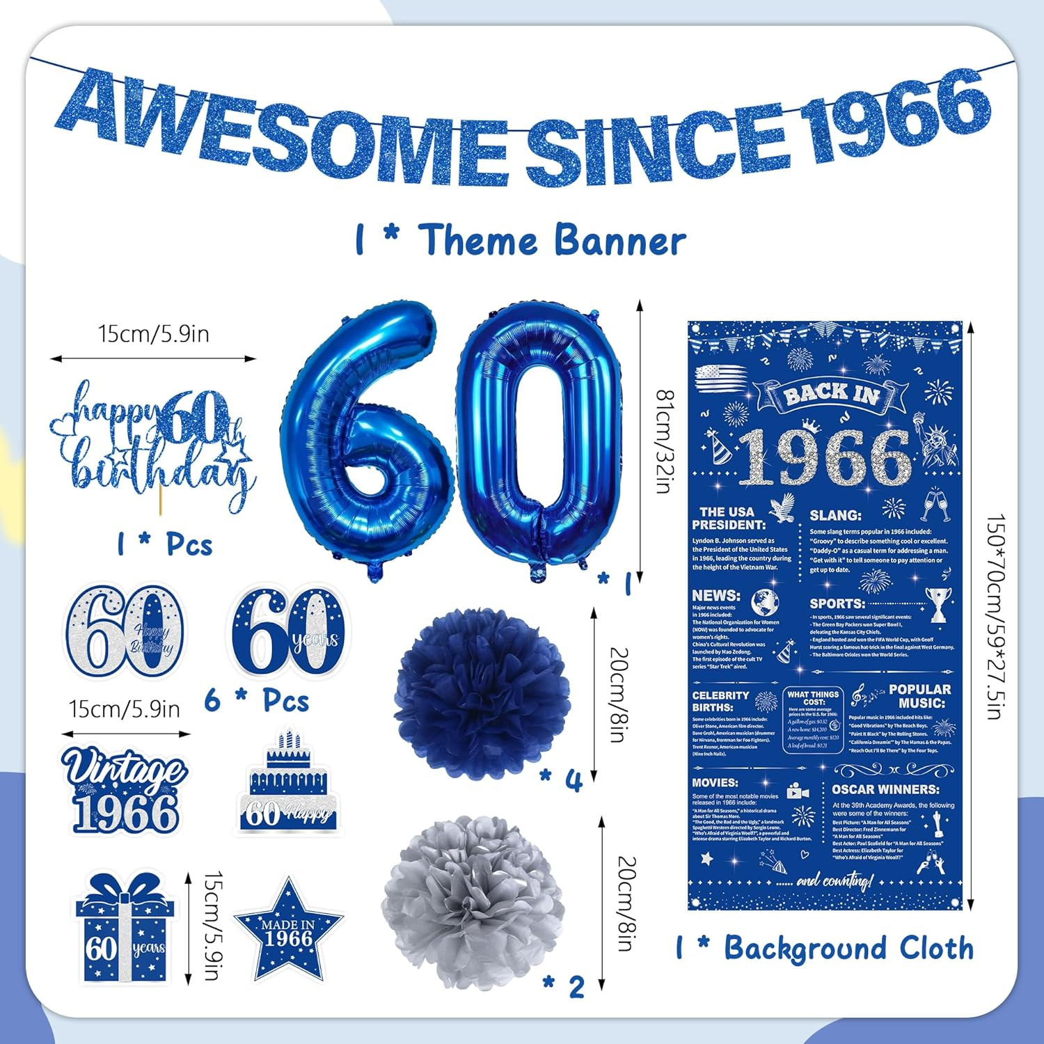 60Th Birthday Decorations Men Banner – 17 Pcs Blue Glitter Back in 1966 Birthday