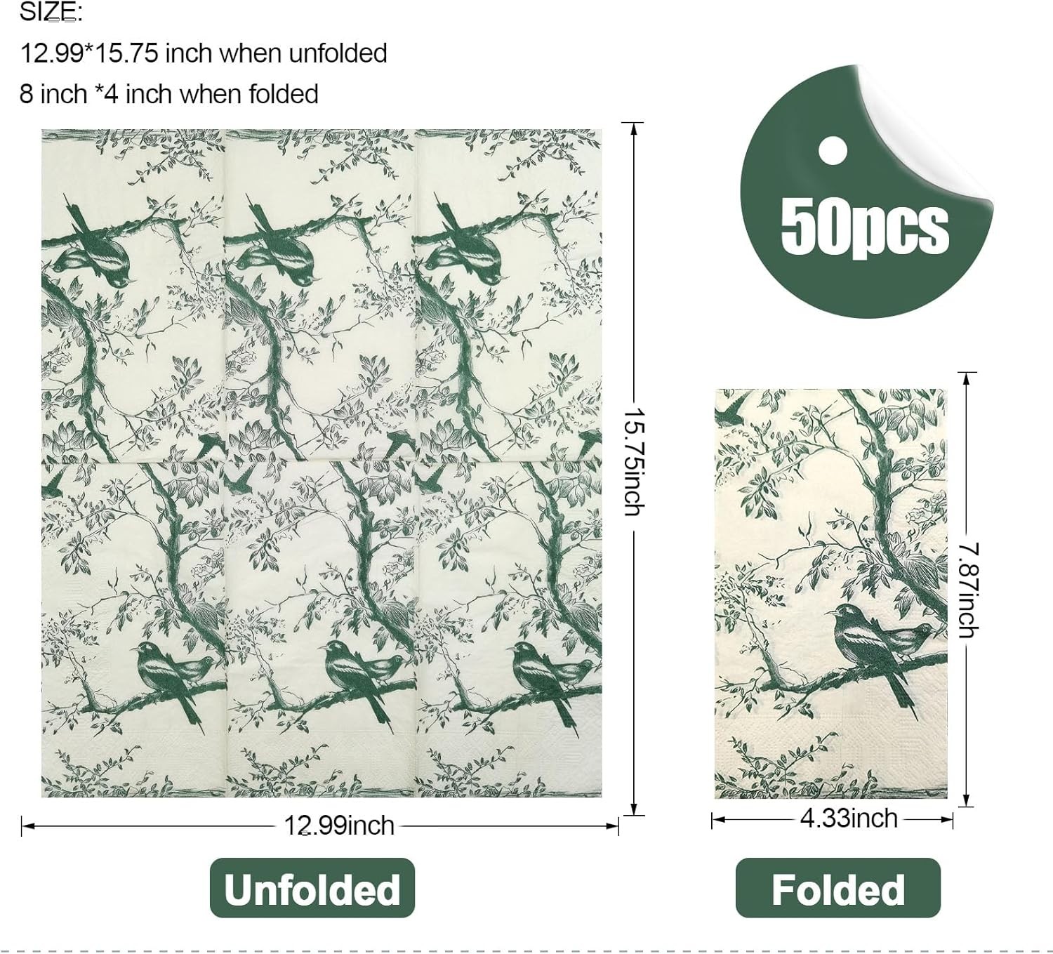 50 Pack Green Toile Paper Napkins, Special Birds and Tree Decorative Disposable