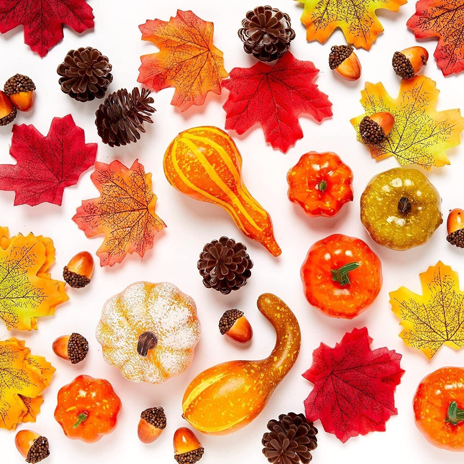 128pc Rustic Pumpkin Decoration Set Artificial Pumpkins Leaves Acorns Pinecones