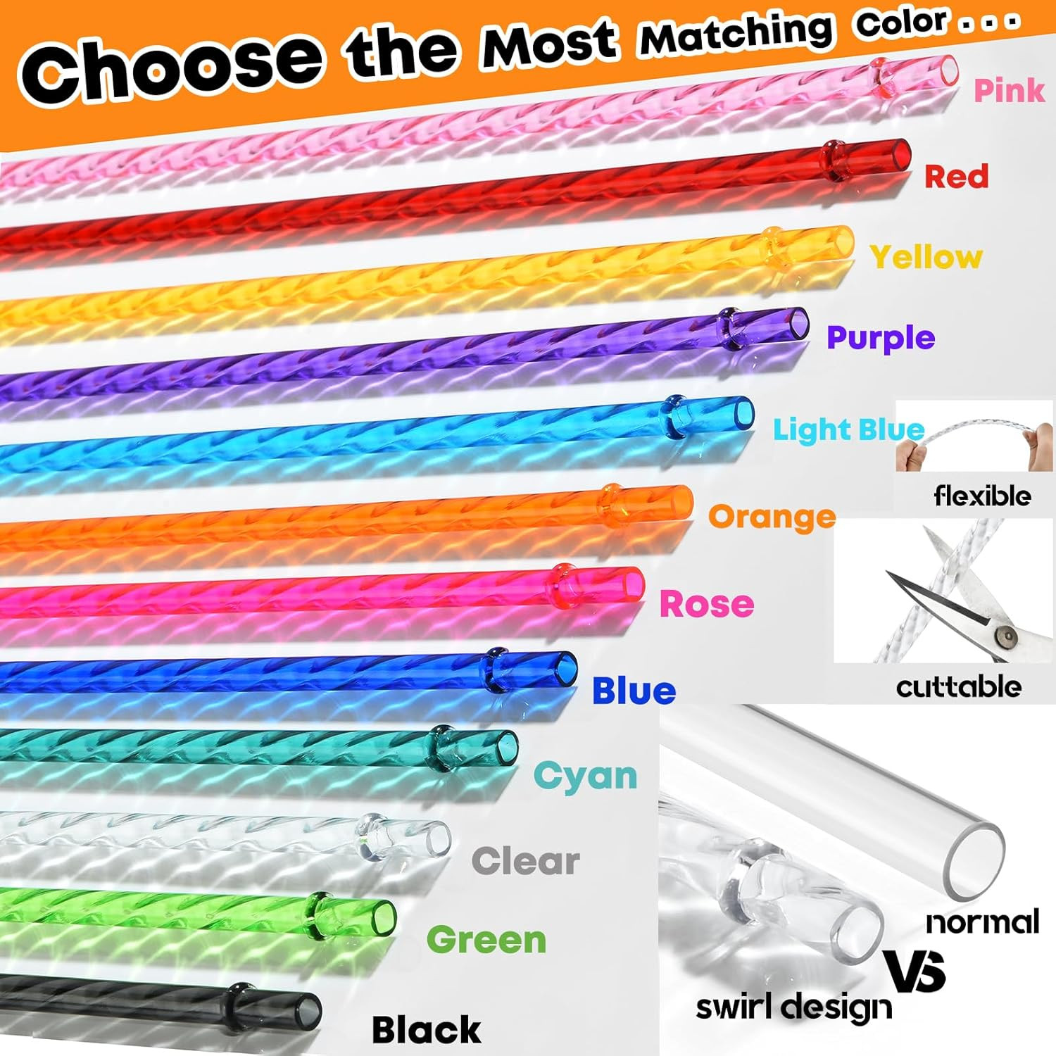 12-Pack Reusable Plastic Clear Swirl Straws, 11″ Long Colorful Hard Plastic T…