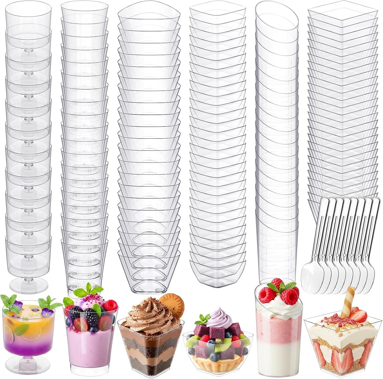 400 Pcs Mini Dessert Cups with Spoons, 6 Styles Plastic Dessert Cups, Clear V…