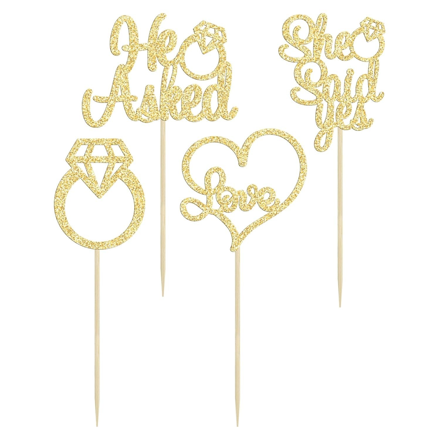 He Asked She Said Yes Cupcake Toppers Gold Glitter Diamond Ring Heart Love Ca…