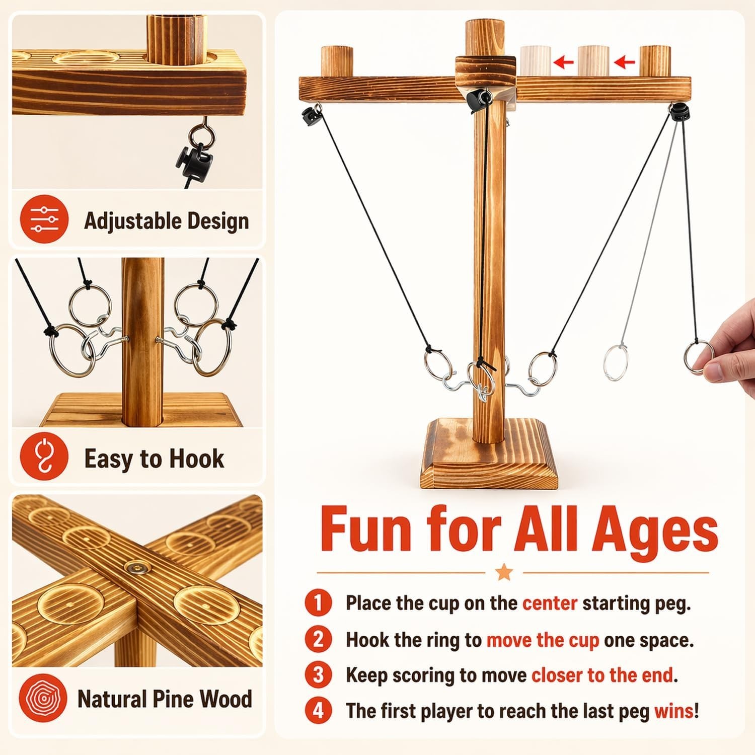 Wooden Ring Toss Game Hook & Ring Tabletop Indoor Outdoor Party Family Game Gift