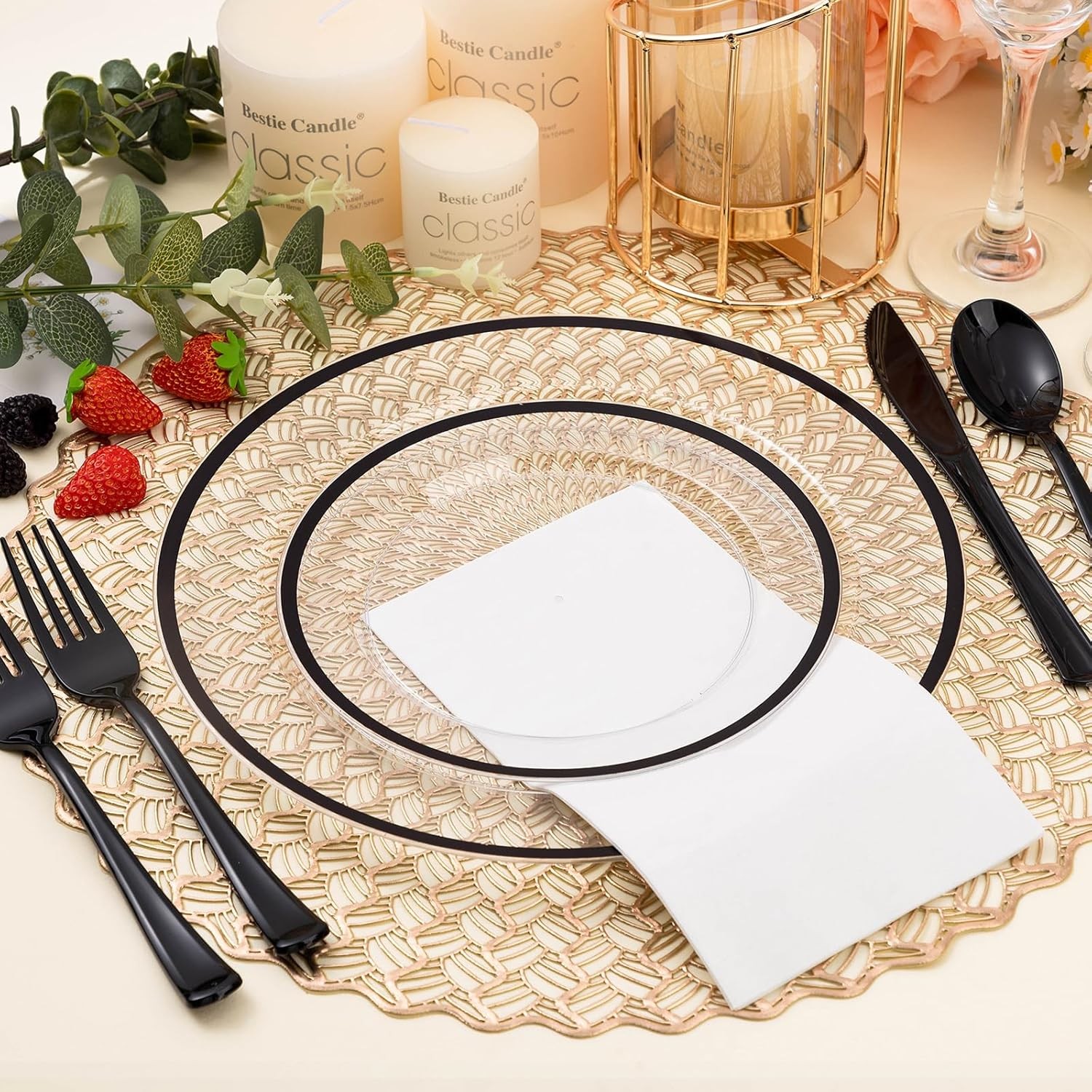 200PCS Black and Clear Plastic Plate, Black Disposable Plate