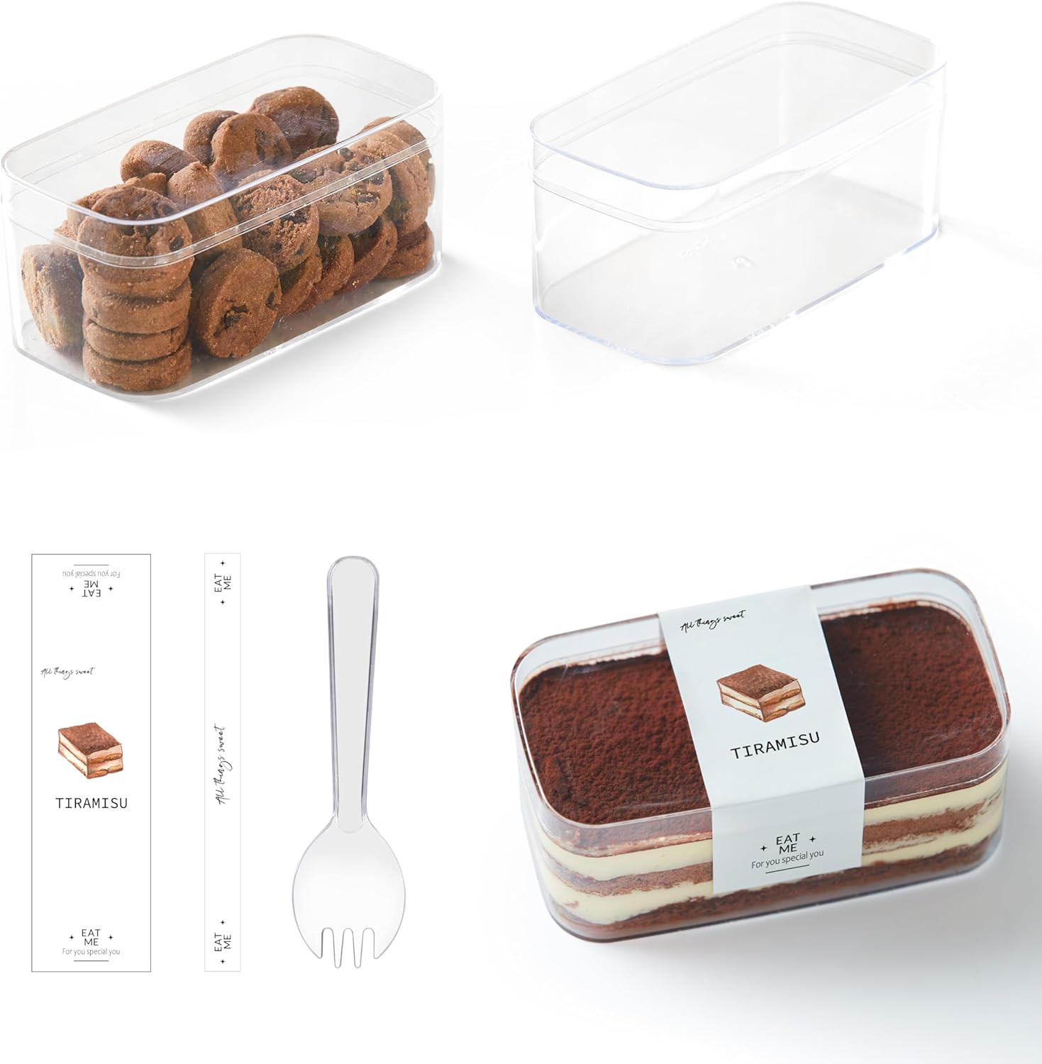 Plastic Dessert Cups with Lids and Sporks,Stickers,Tiramisu Containers,Cookie Co