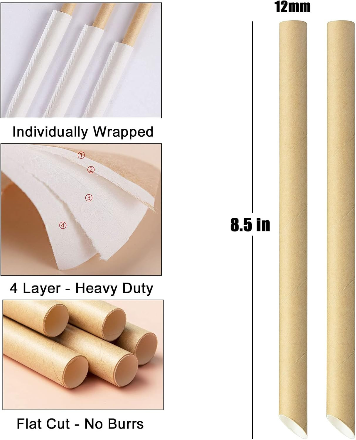ALINK Pointed Paper Boba Straws, Individually Wrapped, 4-Layer Heavy Duty, 12Mm