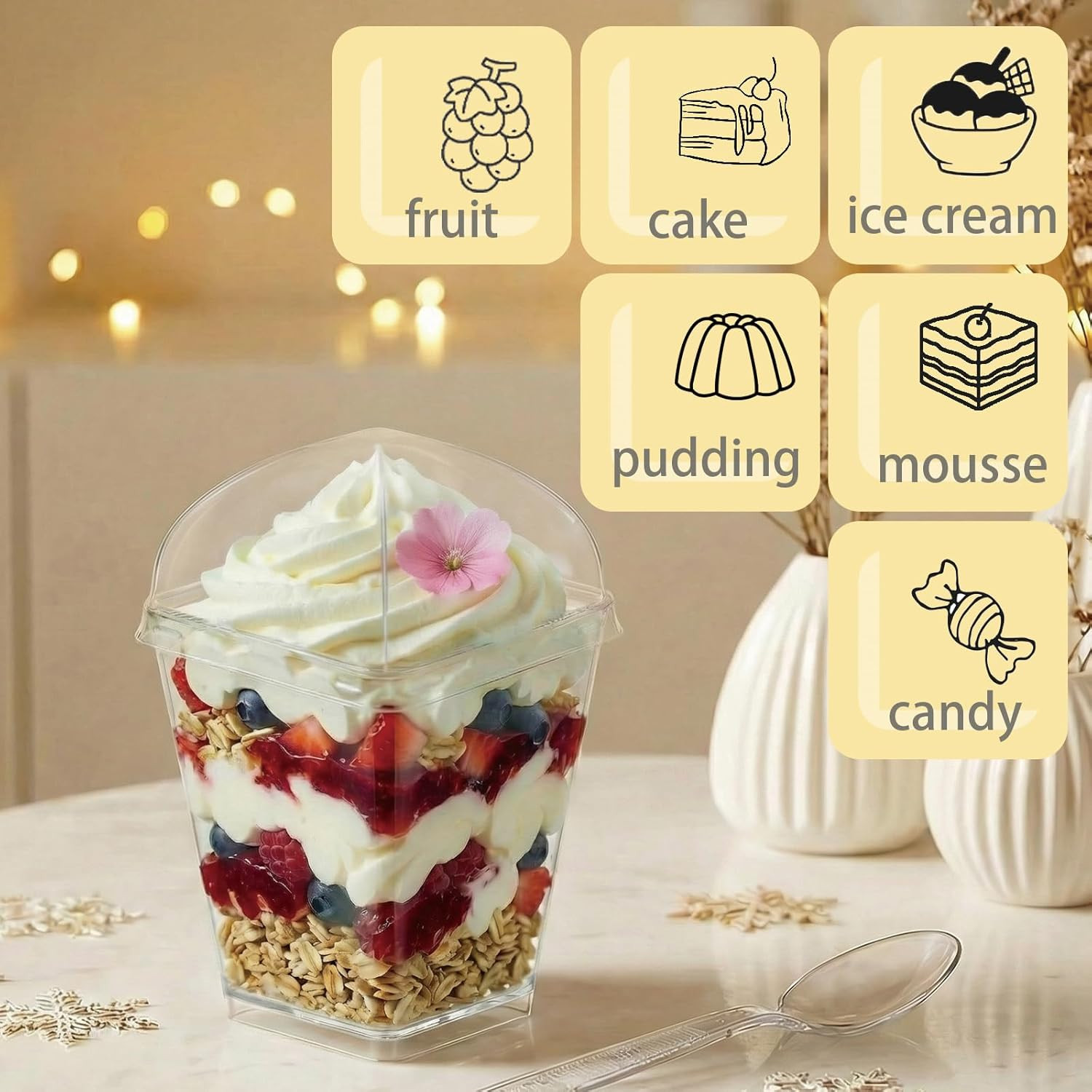 50Pack 5Oz Plastic Dessert Cups with Lids and Spoons, Square Clear Parfait Appet
