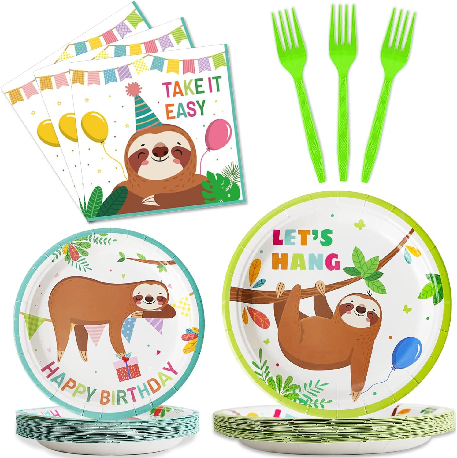 96 Pcs Sloth Animal Party Supplies Sloth Birthday Party Tableware Set Sloth H…