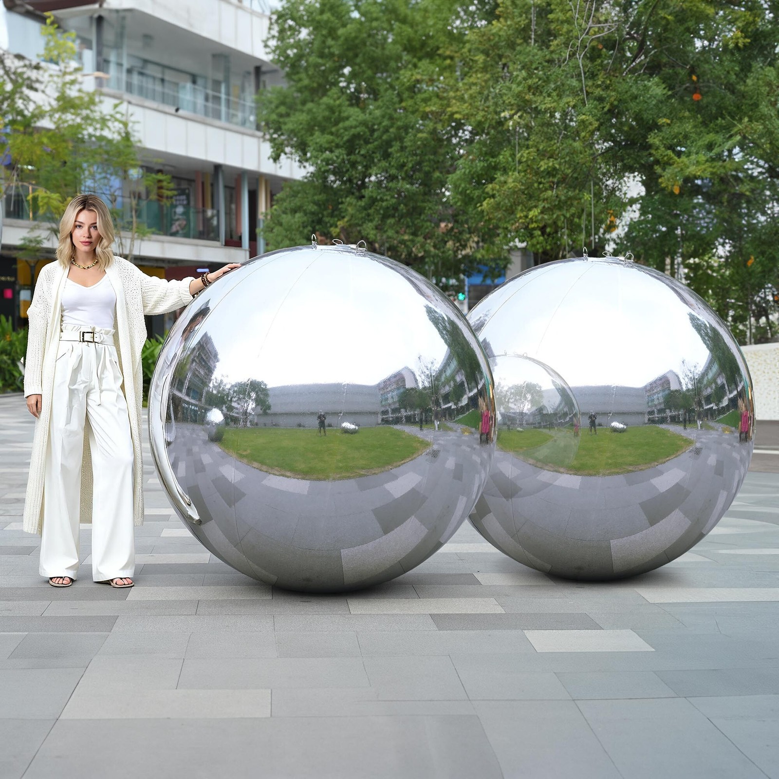 AplusChoice 2PCS 59″ Big Shiny Inflatable Mirror Ball Reusable Hanging Silver
