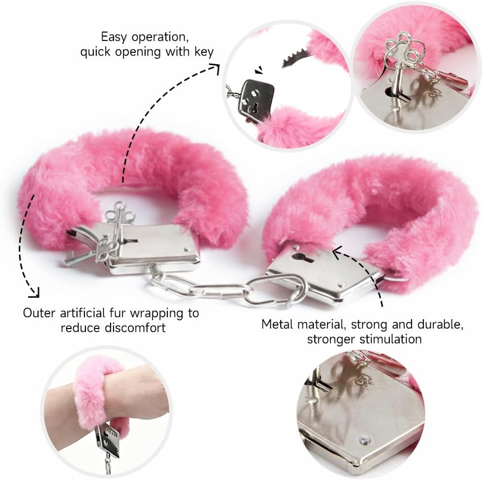 Furry Adjustable Sex Handcuffs with Keys,Ankle Bracelets,Sm Adult Plush Stainles