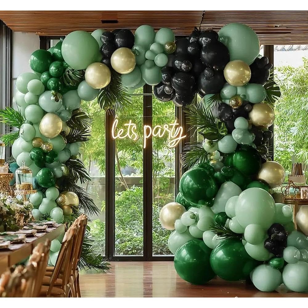 Green Gold Balloon Arch, Double Stuffed Black Gold Sage Emerald Dark Green Ba…