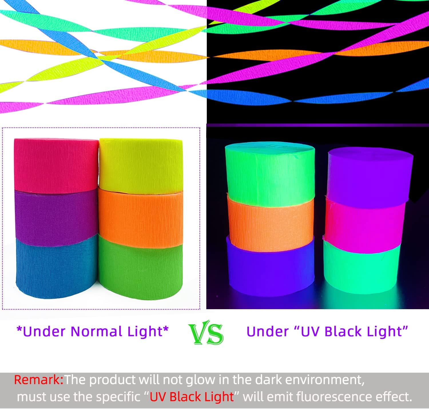 600 Feet Glow Crepe Paper Streamers UV Glow Party Neon Streamer Decorations Glow