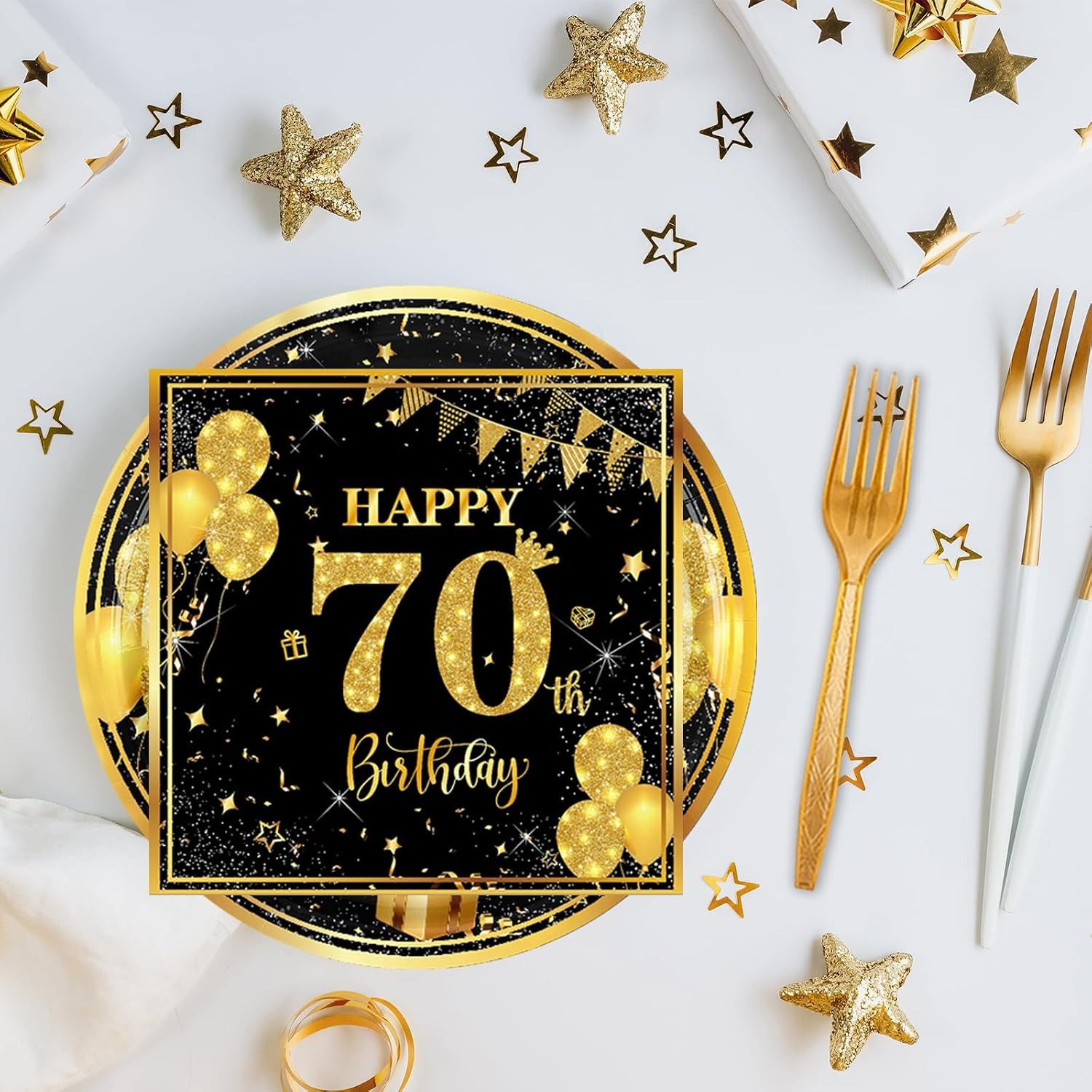 70th 7 inch Birthday Party Paper Plates and Napkins Forks 60 pcs Black Gold