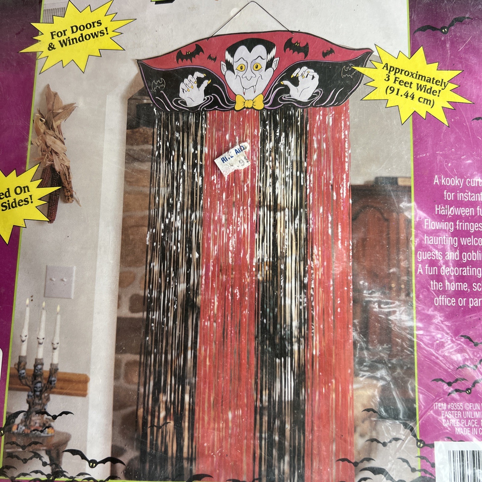 Vintage Halloween Foil Kooky Curtain Dracula Bat Decoration 54″ x 36″ NEW