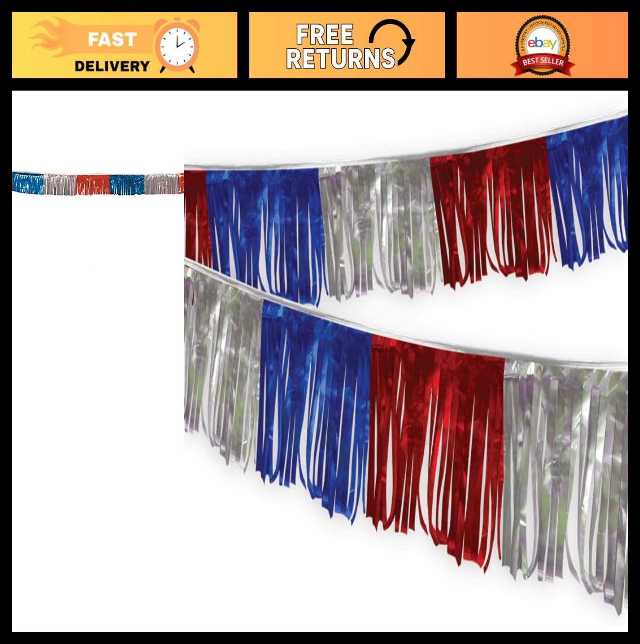 60 Ft Metallic Fringe Pennant Garland – Red, Blue, Silver – Auto Dealer Supplies