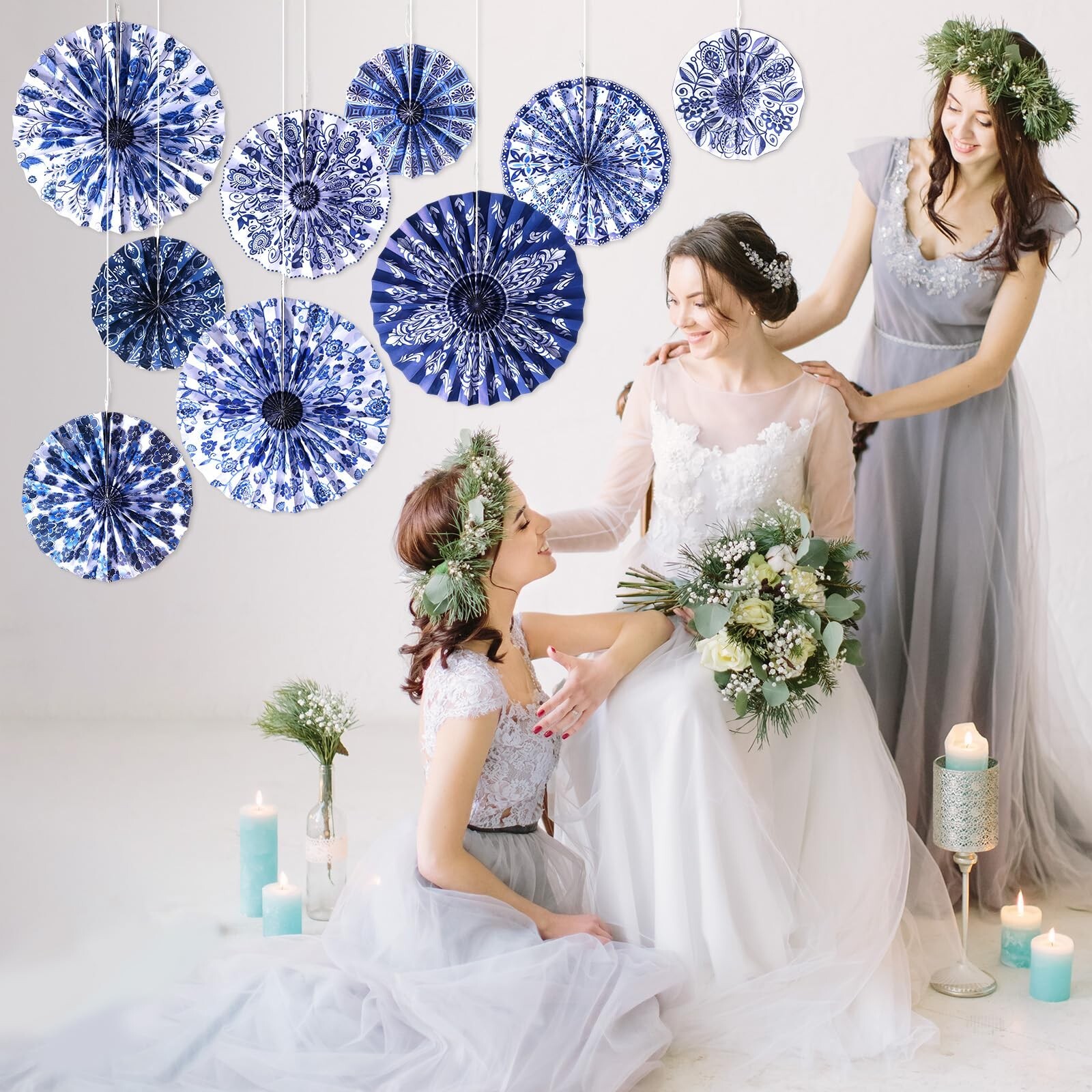 9 Pcs Chinoiserie Hanging Paper Fans Decorations Blue and White Porcelain Pri…