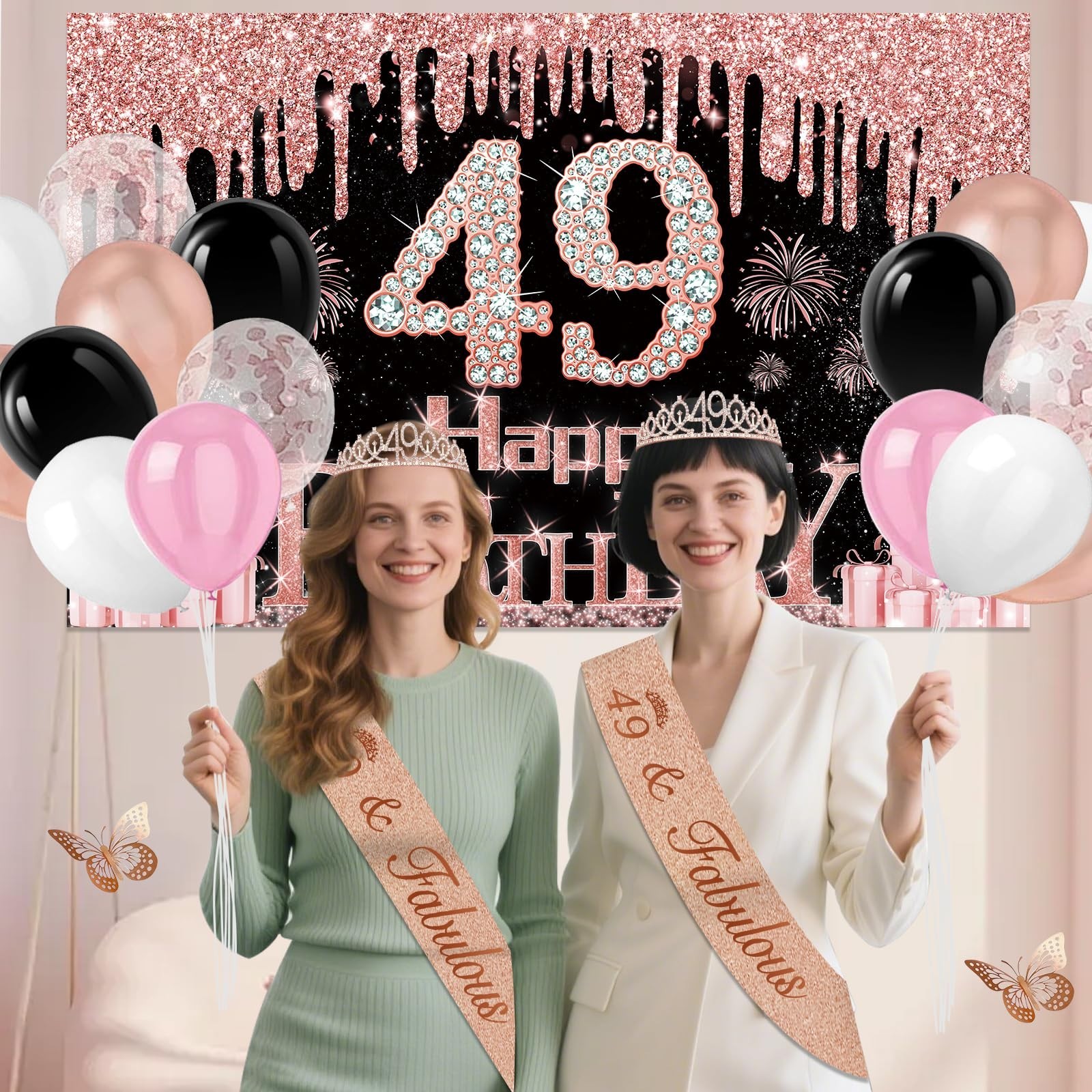 49th Birthday Decorations Set – 49pcs Black & Rose Gold Banner, Sash, Cake Toppe