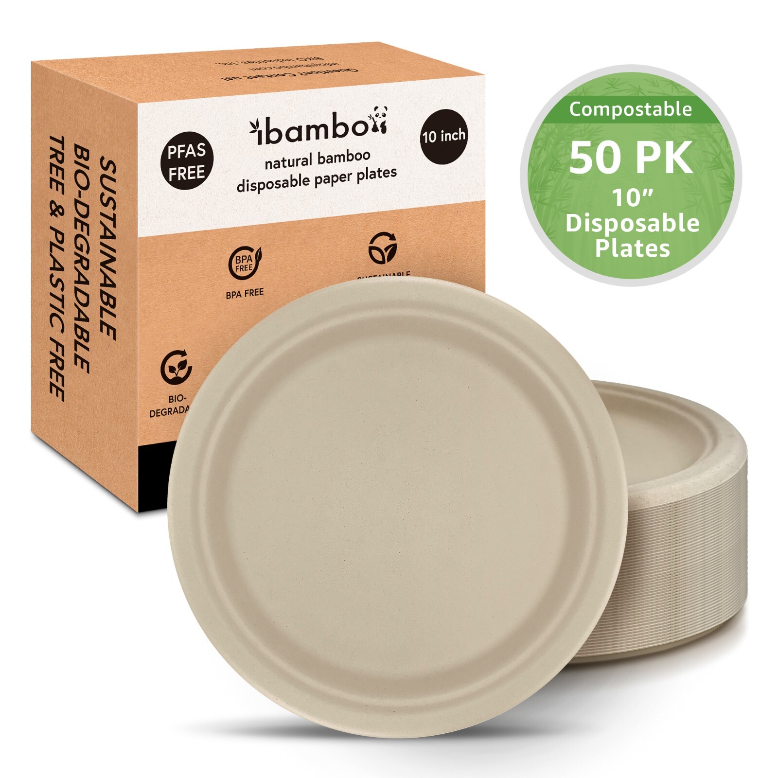 Ibambo Bamboo Disposable Paper Plates – 10 Inch, 50 Pack, Compostable Plates