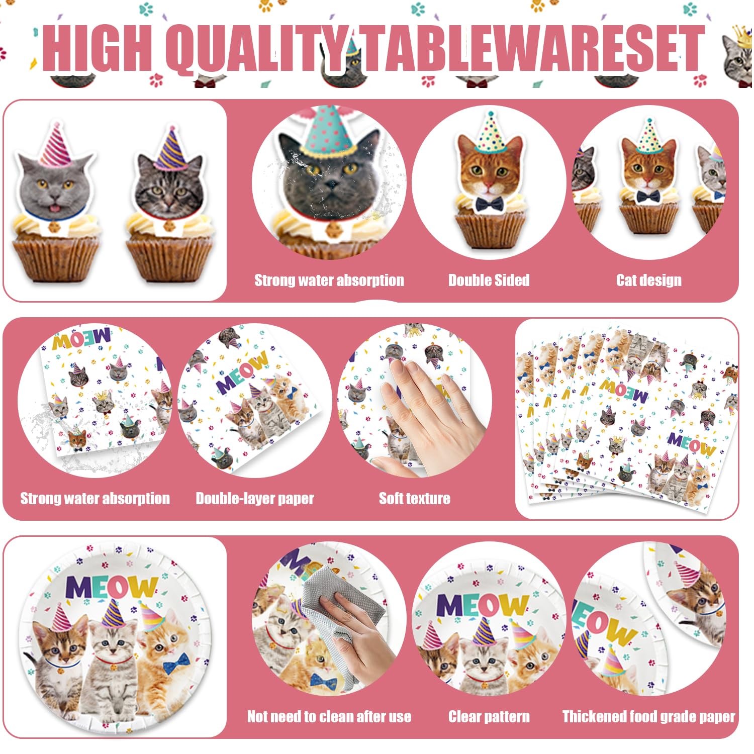 66 PCS Cat Birthday Party Decoration Plates Napkins Tablecloth Set 20 White