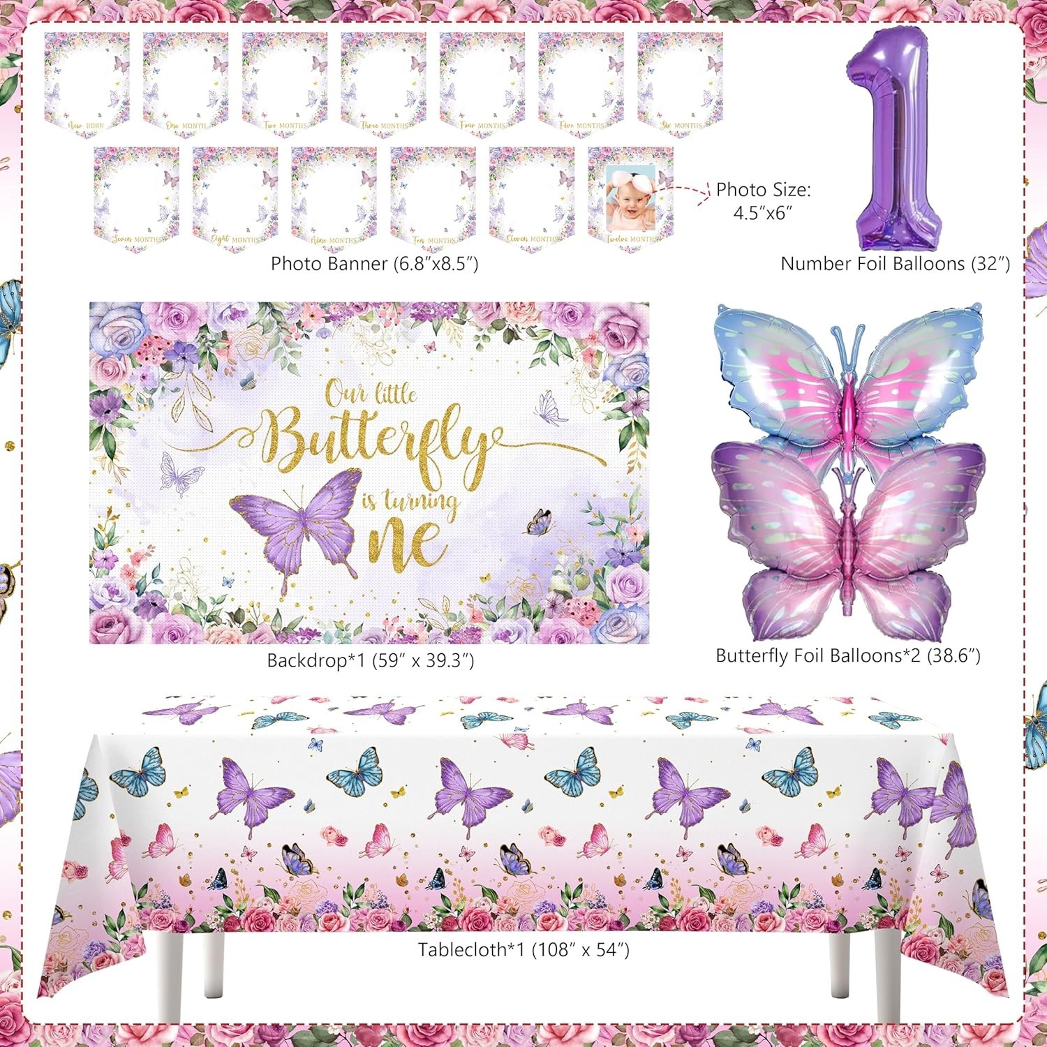 134pcs Purple Butterfly Birthday Decorations for Girl, 1st Birthday Decorations