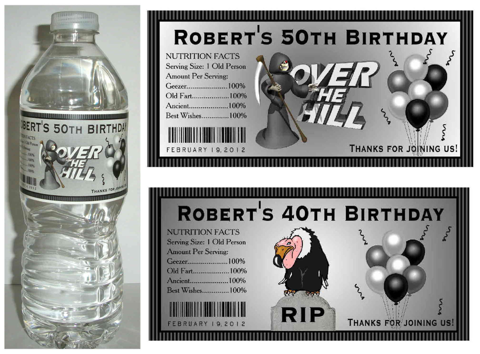 OVER THE HILL BIRTHDAY PARTY FAVORS WATER BOTTLE LABELS ~ PERSONALIZED