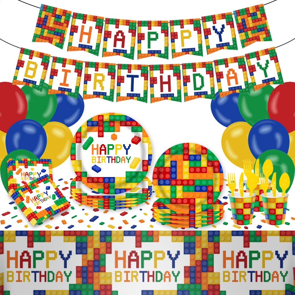 Building Blocks Birthday Party Supplies for 16 Guests Fits LEGO building brick