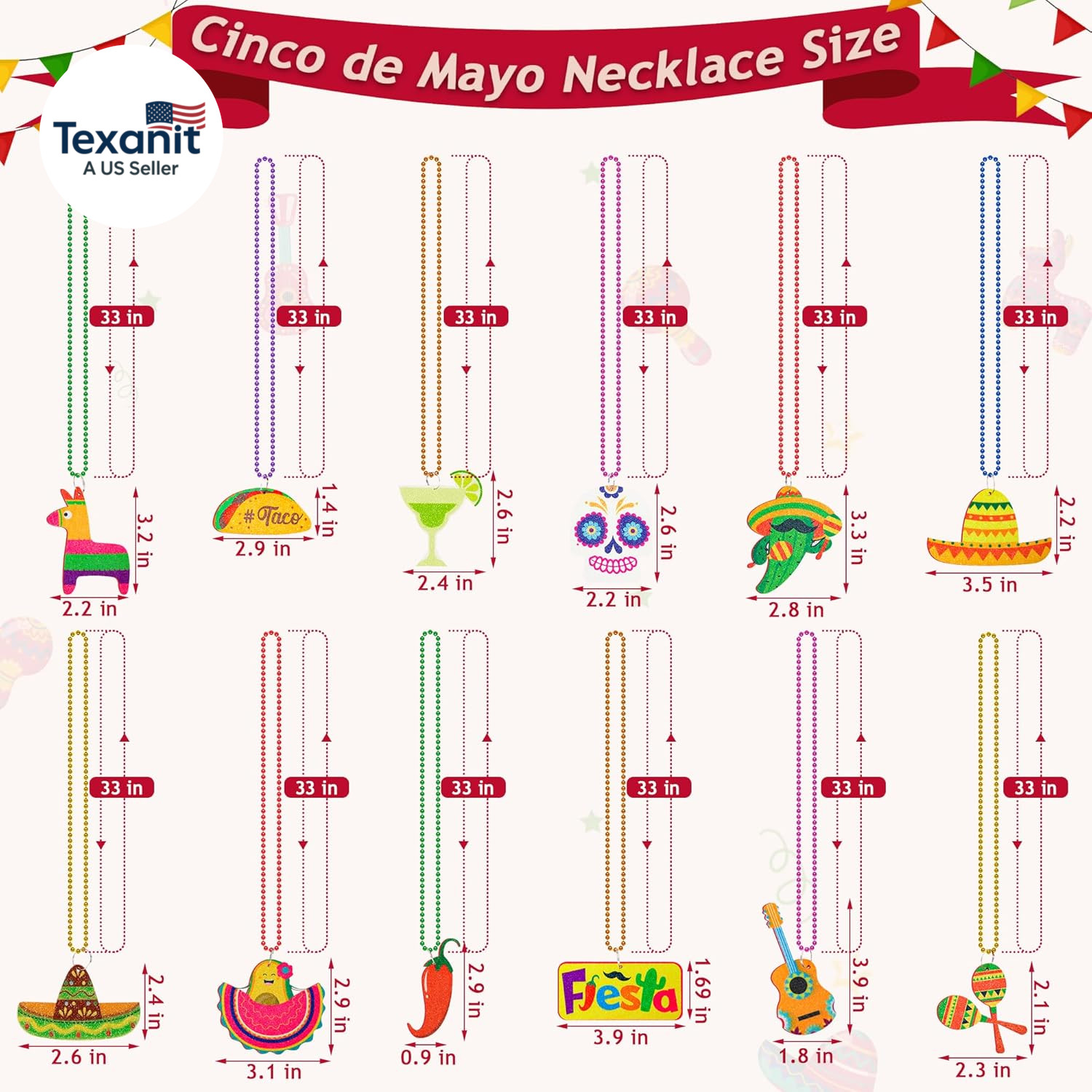 Cinco De Mayo Party Favors, 12PCS Fiesta Necklace Bead Favors, Mexican Metallic