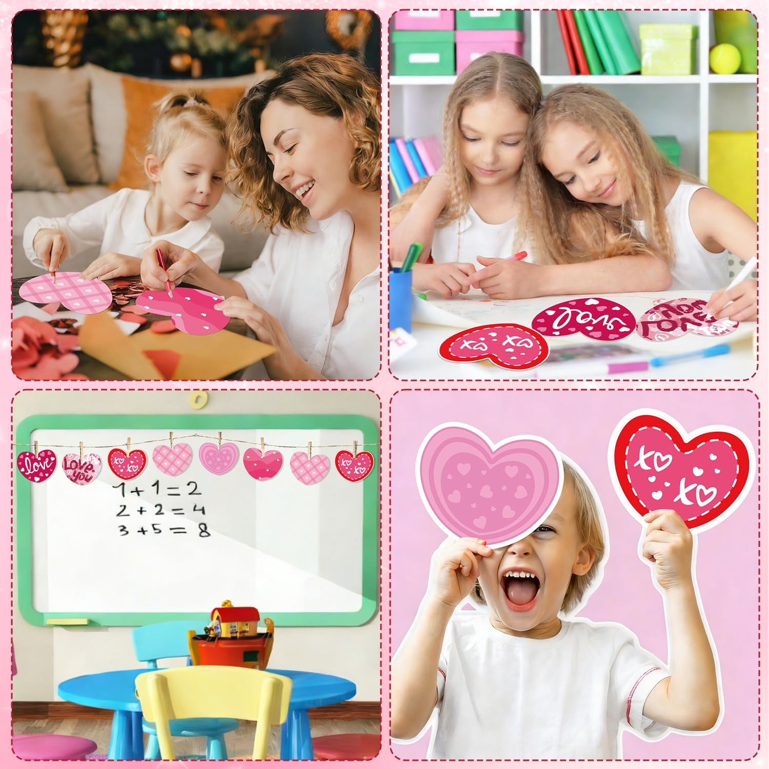 48 PCS 4.7 Inch Valentines Day Pink Heart Paper Cutouts With 160 Glue Points