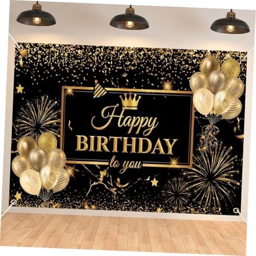 Happy Birthday Backdrop Banner for Photo Booth, Large 59 x 39 Inches Black Gold