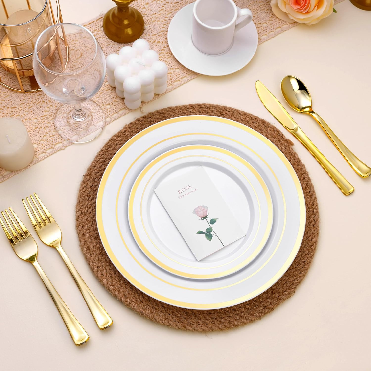 100PCS White Plastic Plates for Party, 10.25 Inch Disposable Plates with Gold Ri