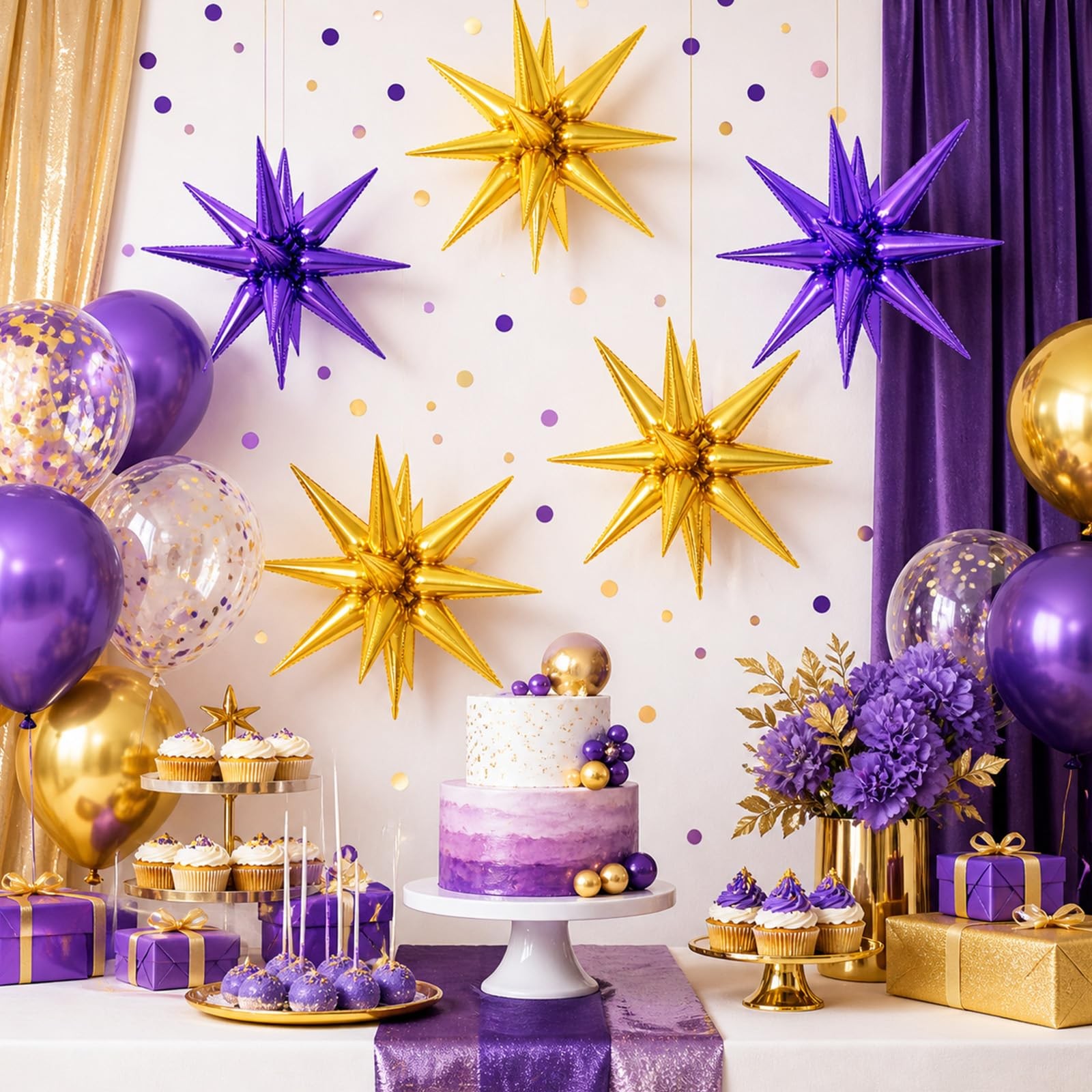 Purple Gold Star Foil Balloons, 10PCS 22Inch Large Purple Gold Spike Cone Sta…