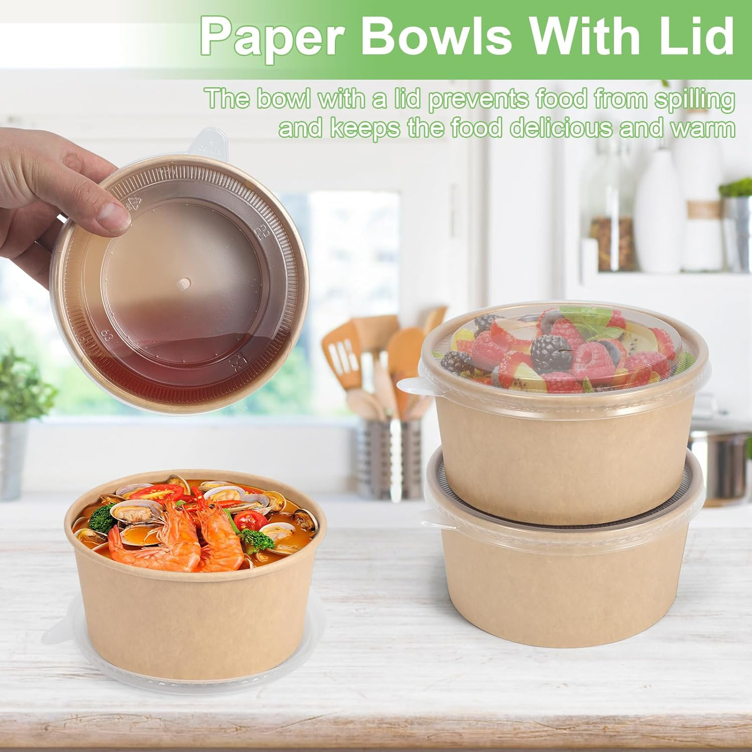 50 Pcs 32 Oz Disposable Meal Prep Containers Paper Bowls Lids Soup Hot/Cold