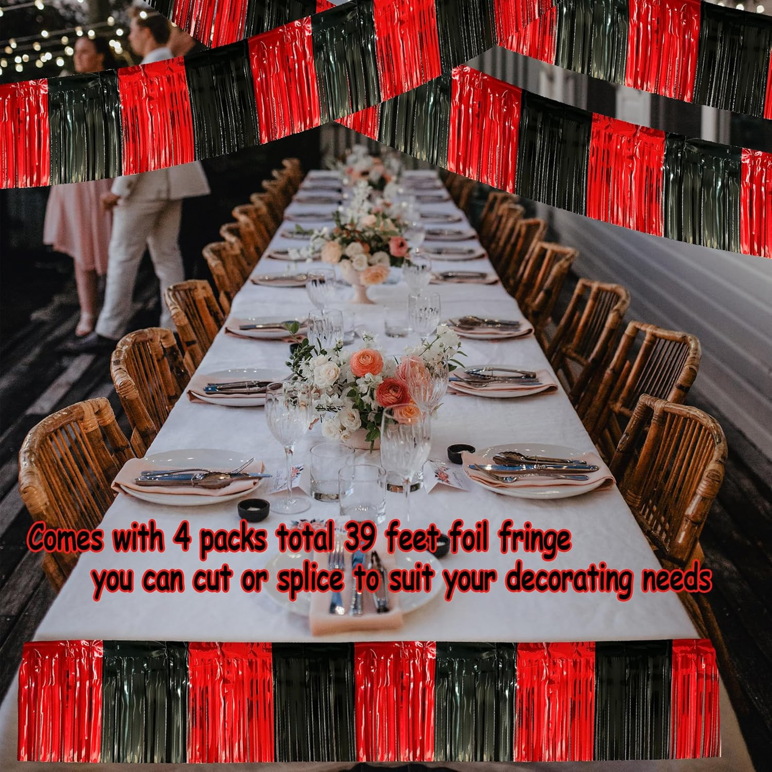 4 Pack 10 Feet Black Red Parade Floats Foil Fringe Garland Metallic Tinsel Strea